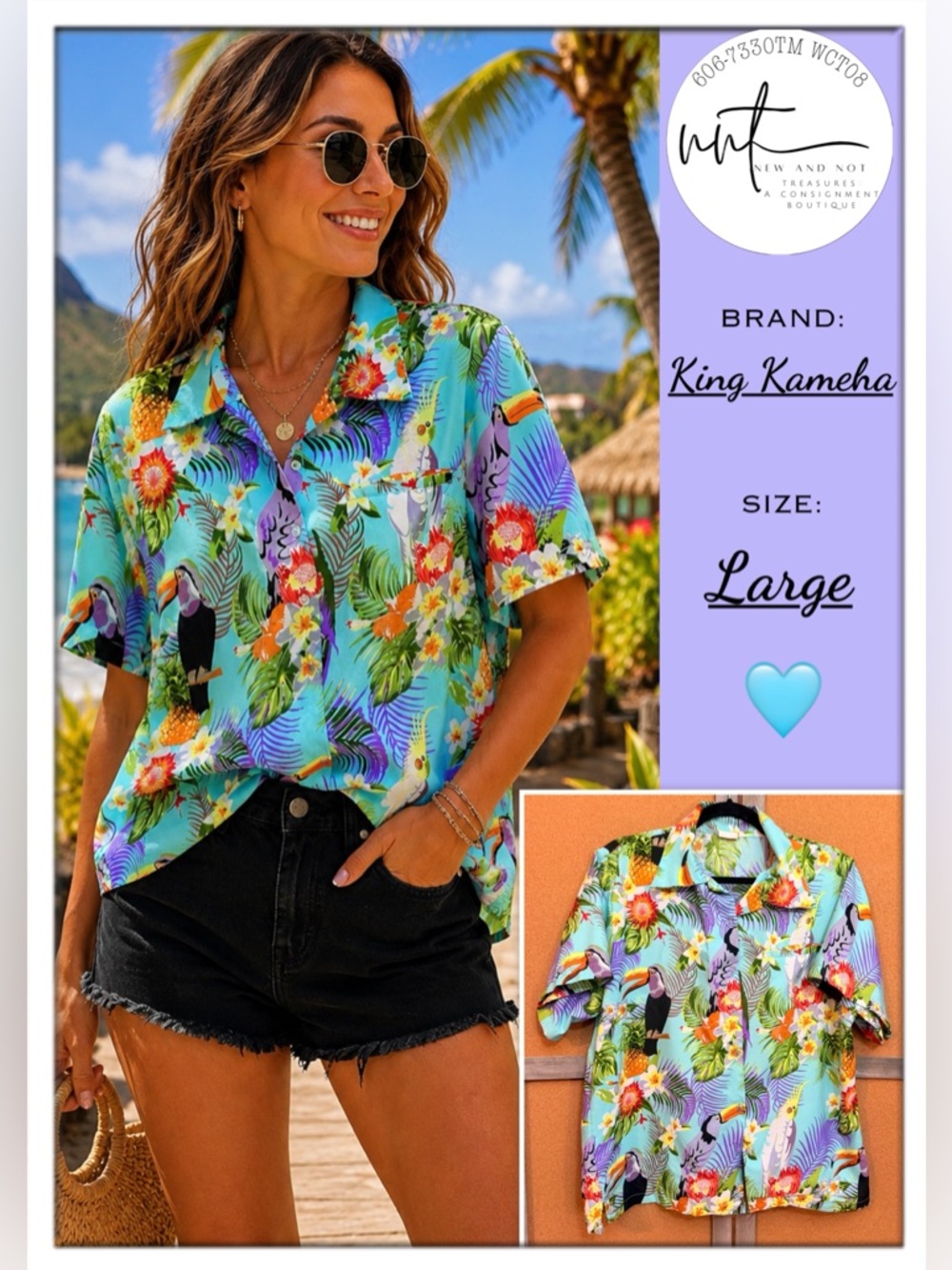 King Kameha Hawaiian Shirt Funky Casual Button Down Parrot Toucan Women’s LARGE